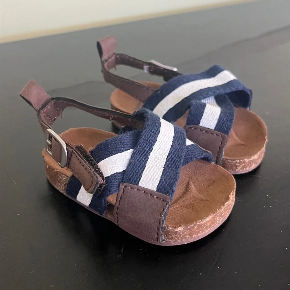 Baby B’gosh Navy and White Striped Infant Sandals with Brown Accents